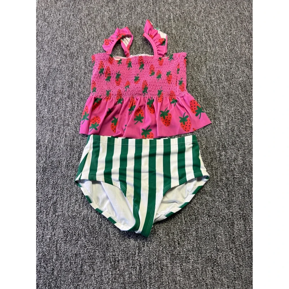 Hanna Andersson Swimsuit Girls 10 Pink Strawberry Green Stripe 2 Piece Tankini